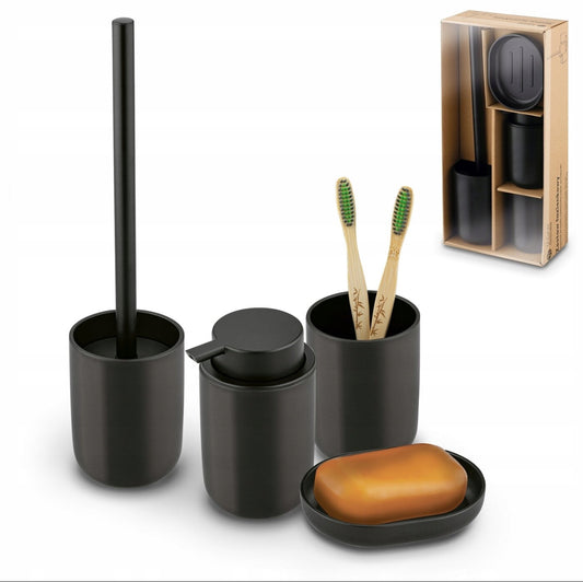 Stilrent svart baderomssett i matt finish med toalettbørste, såpedispenser, tannbørsteholder og såpeskål. Perfekt for et moderne og minimalistisk baderomsdesign.