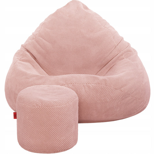 Stor rosa saccosekk i mykt plusjstoff med matchende fotskammel, perfekt for ungdomsrom eller stue