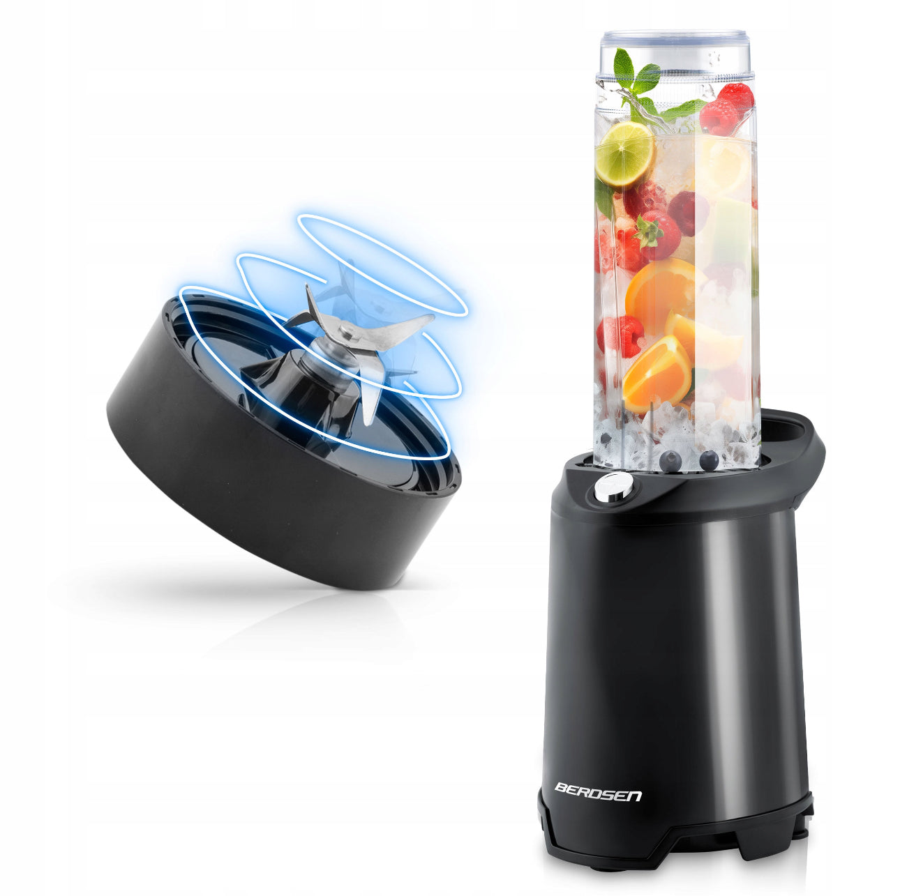 Avtagbart blenderblad i svart base ved siden av fylt smoothieflaske