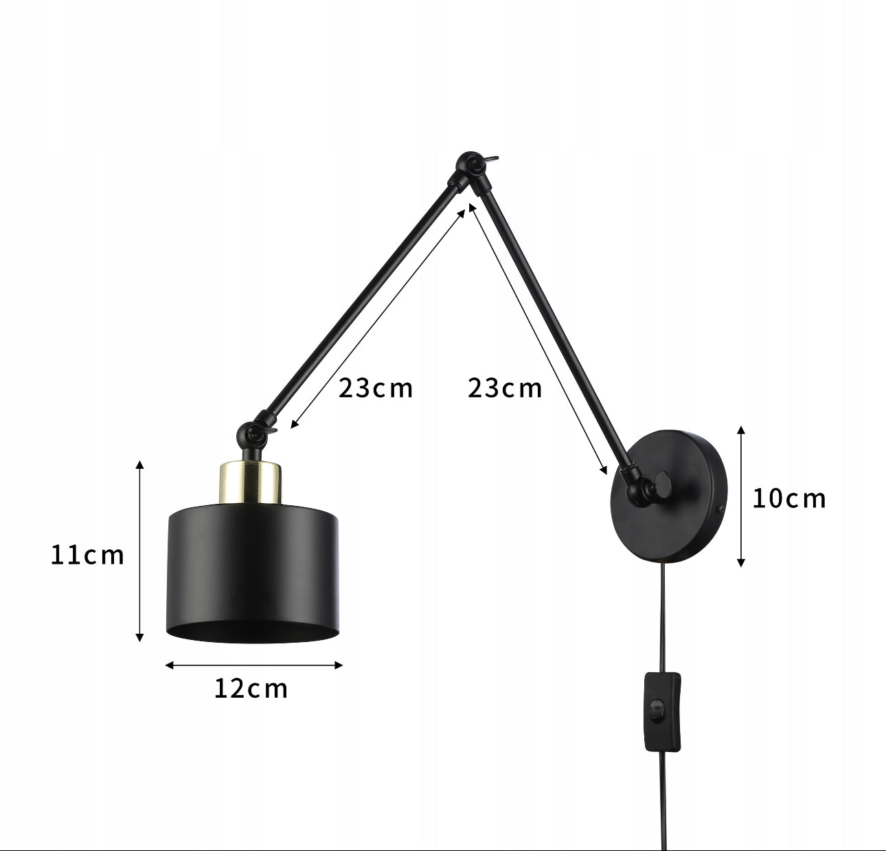 Vegglampe i svart metall med mål for arm og skjerm