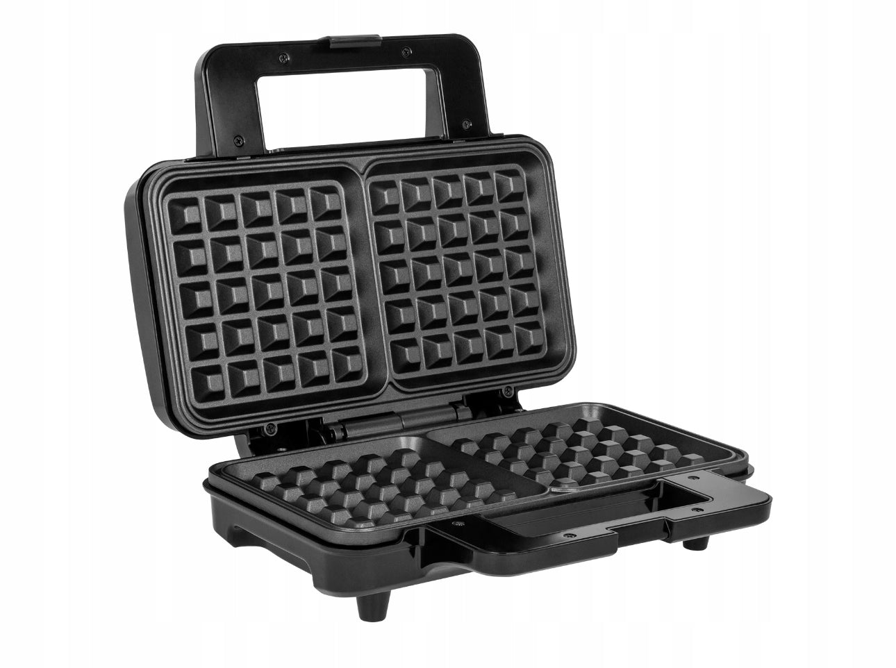 Åpent vaffeljern uten vafler, viser dype non-stick firkantformer