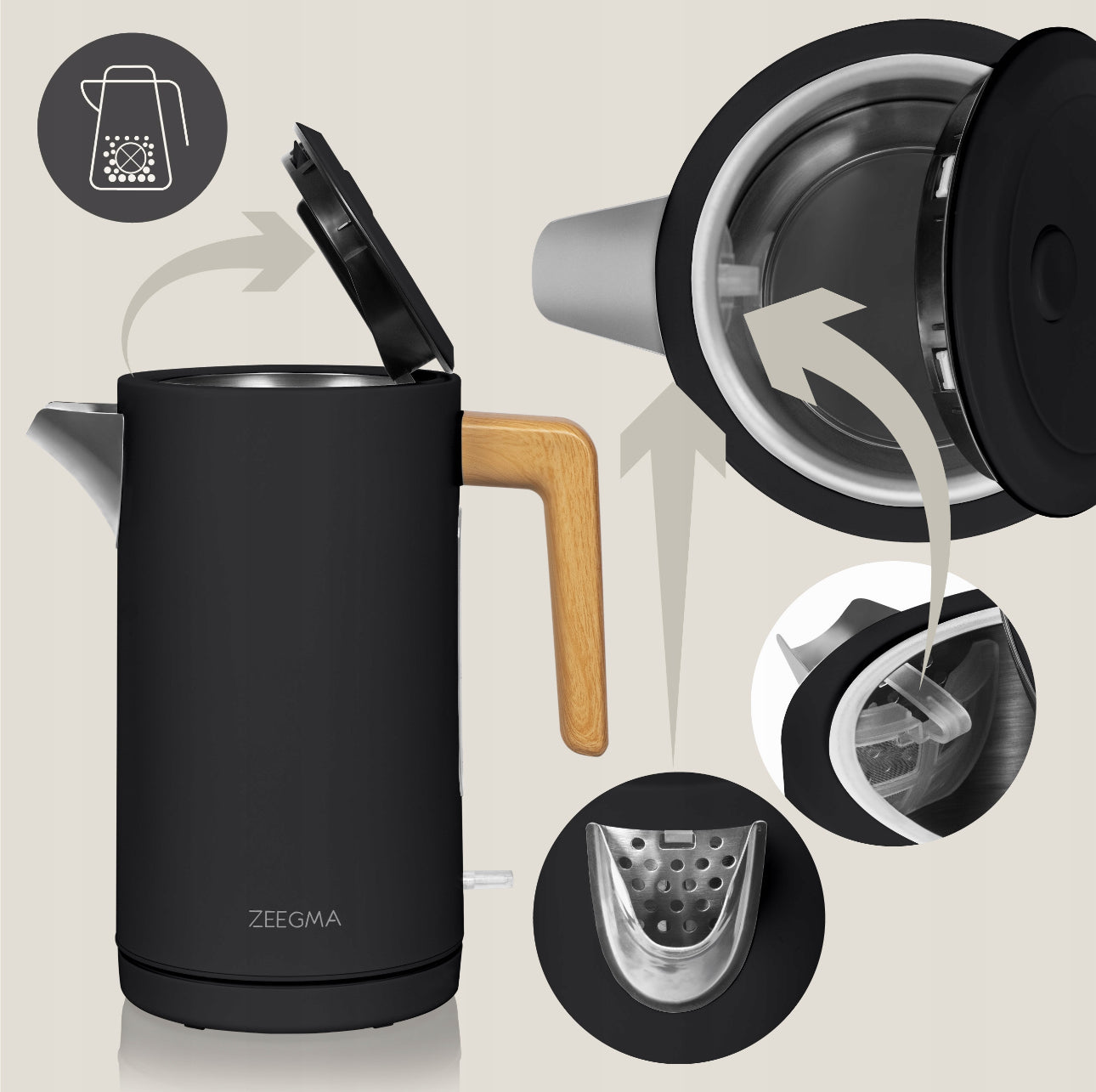 Elektrisk vannkoker 1,7L i mattsvart design med trehåndtak, laget av BPA-fri plast og rustfritt stål, 2200W for rask oppvarming – moderne og stilren.