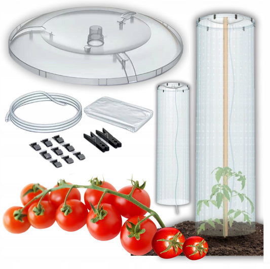 Komplett sett med gjennomsiktig minidrivhus, plastlokk, perforert folie og tilbehør for tomatdyrking