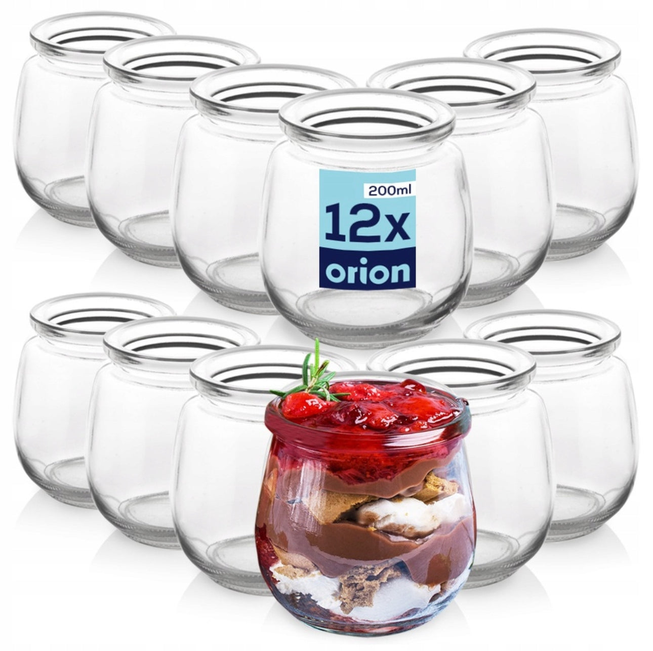 Tolv små glasskrukker på 200 ml i klart, tykt glass, arrangert i rader på hvit bakgrunn