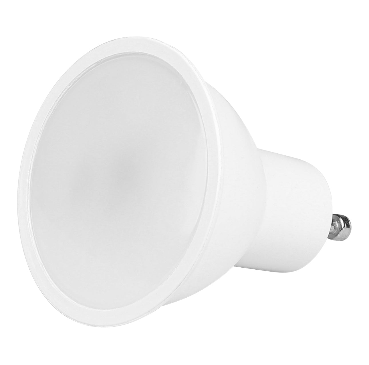 Nærbilde av hvit GU10 LED-lyspære med matt front og glatt overflate