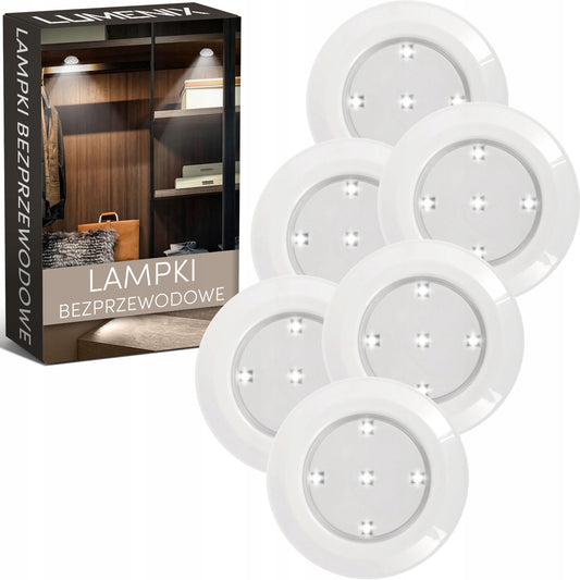 Sett med seks runde hvite trådløse LED-lamper med kaldt lys for skap og innendørs belysning