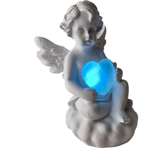 MAGISK ENGLESTATUE MED LED-LYSENDE HJERTE - ROMANTISK SKIFTENDE FARGER - EKSKLUSIV 11X7CM SAMLEROBJEKT