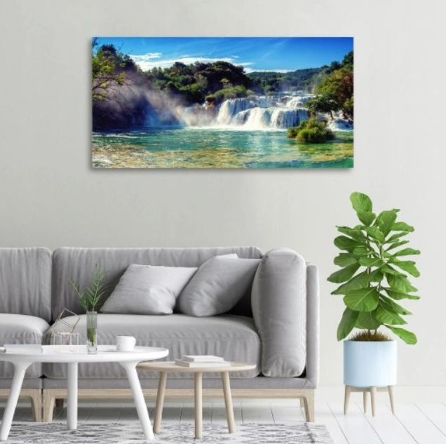 FANTASTISK FOSSEFALL: NYDELIG BILDE I HERDET GLASS - 100X50CM