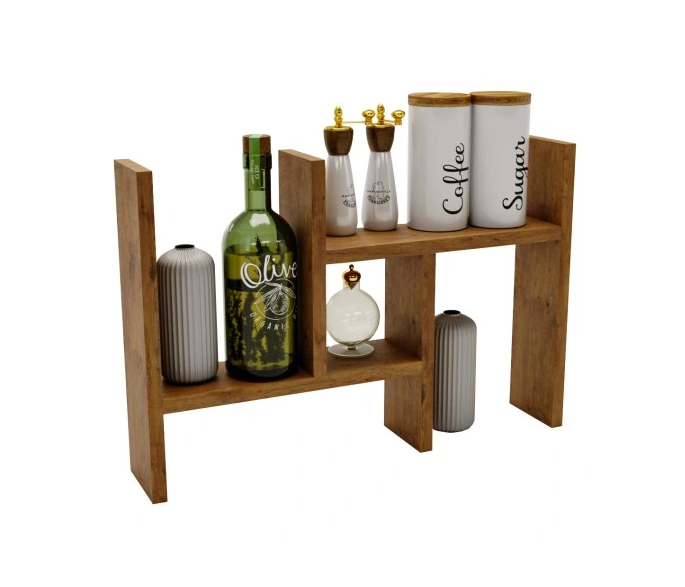 Justerbar kjøkkenhylle i Lancelot-design, laget av premium 18 mm laminert tre i naturlig trefarge. Størrelse: Høyde 44 cm, bredde 40-74 cm, dybde 12 cm. Perfekt til kjøkkenoppbevaring av krydder, flasker og småartikler.