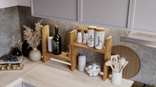 Justerbar kjøkkenhylle i Lancelot-design, laget av premium 18 mm laminert tre i naturlig trefarge. Størrelse: Høyde 44 cm, bredde 40-74 cm, dybde 12 cm. Perfekt til kjøkkenoppbevaring av krydder, flasker og småartikler.
